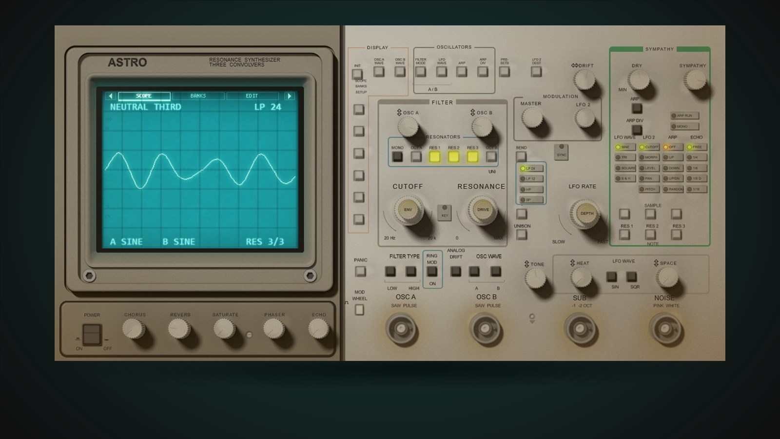 The ASTRO front panel: an oscilloscope tube showing a live waveform, beside knobs for the filter, modulation and the three resonators.