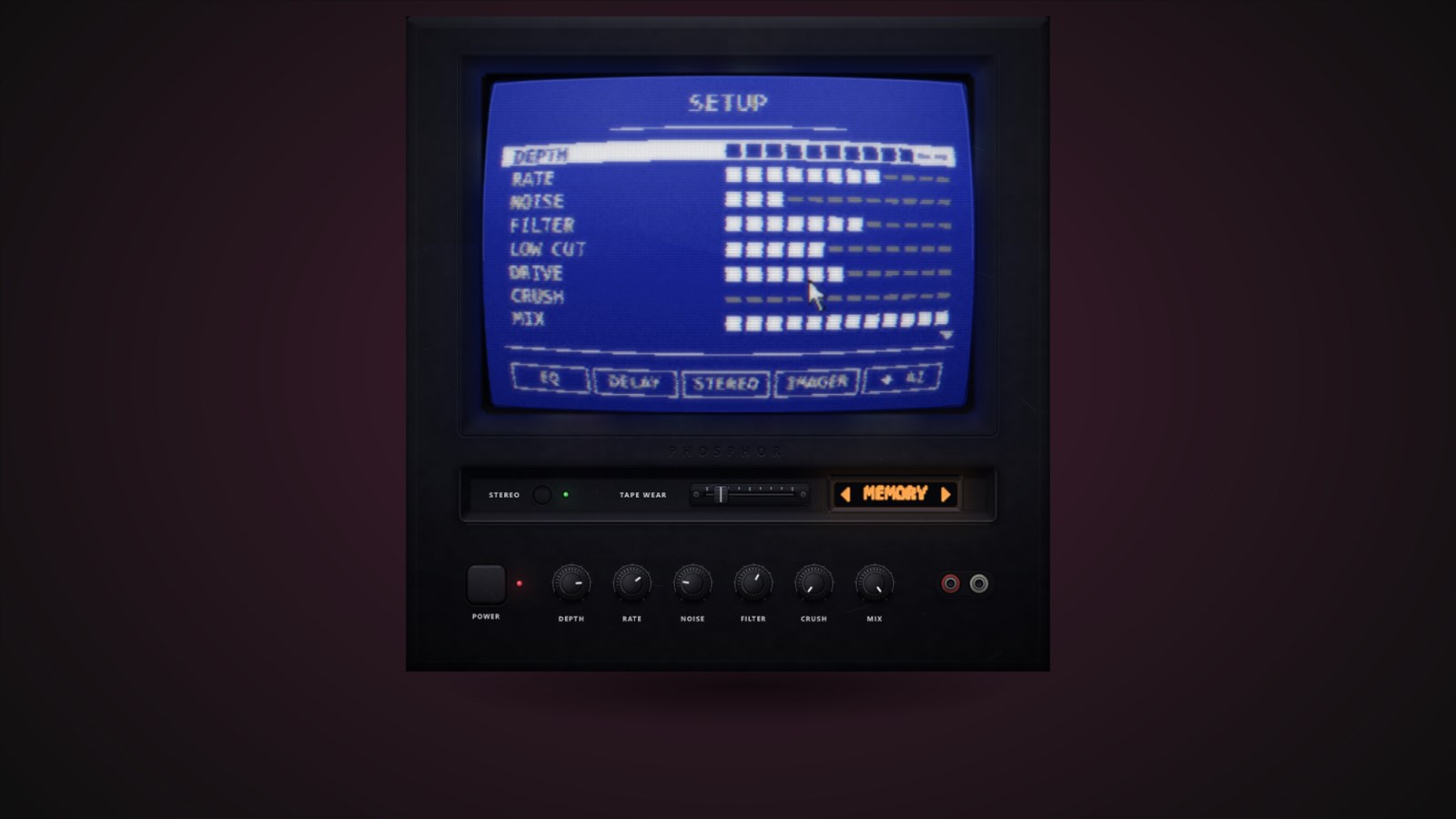 The PHOSPHOR plugin: a worn tube television playing a picture, with hardware knobs along the bottom.