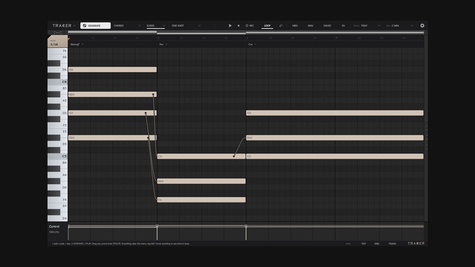 The TRACER window: a piano roll with a generated loop of chords, a melody and a bass line, and slides drawn between the notes.